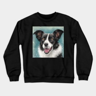 Painting of a Black and White Border Collie Dog on Grey Blue Background Crewneck Sweatshirt